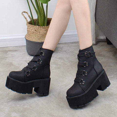 Buy Custom Logo Gothic Punk Style Chunky Heel Boots Women Shoes Big Size Black Wedges Ankle Boots For Ladies online at Fashionner.