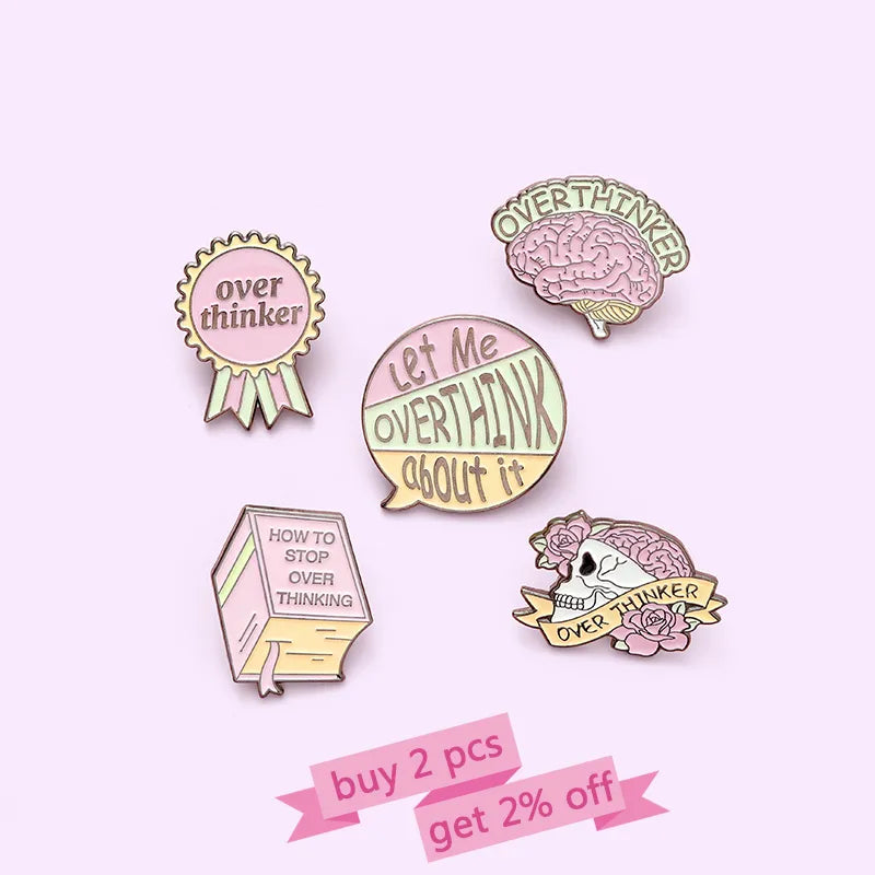 Gifts Overthinker Enamel Pin Custom Overthinking Award Brain Skull Book Brooches Bag Lapel Pin Cartoon Badge Jewelry Gift for Friends - Fashionner