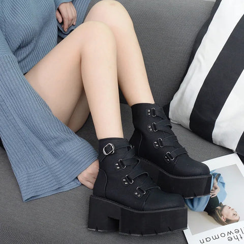 Buy Custom Logo Gothic Punk Style Chunky Heel Boots Women Shoes Big Size Black Wedges Ankle Boots For Ladies online at Fashionner.