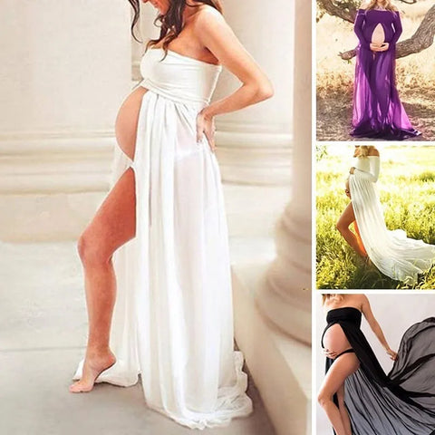 Pregnant Woman Photo Dress Solid Color Tube Top Stitching Front Slit Long Dress Pregnant Woman Jumpsuit Mopping Floor Long Dress - Fashionner