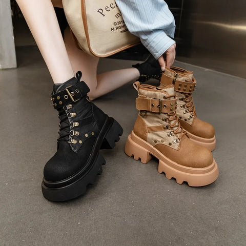 Buy Custom Logo Genuine Leather Platform Boots Women Shoes Ladies Ankle Bootie Motorcycle Boots online at Fashionner.