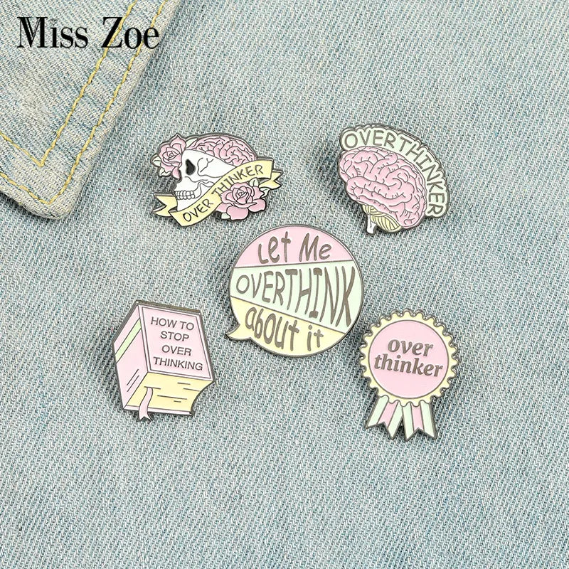 Gifts Overthinker Enamel Pin Custom Overthinking Award Brain Skull Book Brooches Bag Lapel Pin Cartoon Badge Jewelry Gift for Friends - Fashionner