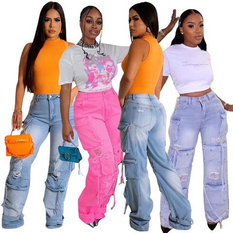 Buy Fall New Arrivals Luxury Korean Casual Style Denim Jeans Women Ladies Pink Cargo Trousers Pants With Multi Pocket For Women online at Fashionner.