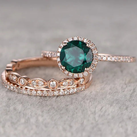 Buy Fashion Style Close Ring Engagement Jewelry Rose Gold Geometric For Women Micro-Set Emerald Zircon Diamond Three-Piece 14K Alloy online at Fashionner.
