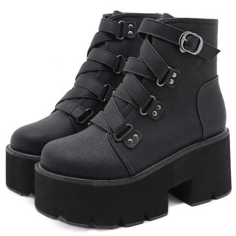 Buy Custom Logo Gothic Punk Style Chunky Heel Boots Women Shoes Big Size Black Wedges Ankle Boots For Ladies online at Fashionner.