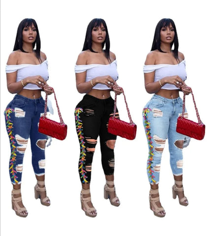 Buy Denim Jeans Women High Waist Custom Jeans Pants Vendor Fashion Hole Ripped Bandage Plus Size Woman Denim Pencil Pants online at Fashionner.