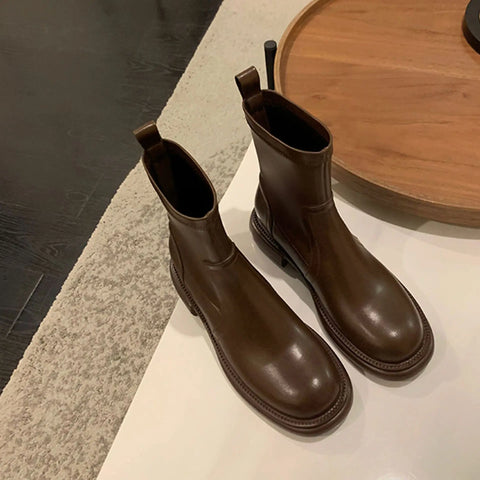 Buy Pdep Soft Leather Female Square Toe Thick Bottom Short Martin Boots Fall And Winter Leather Chelsea Womenboots For Women online at Fashionner.