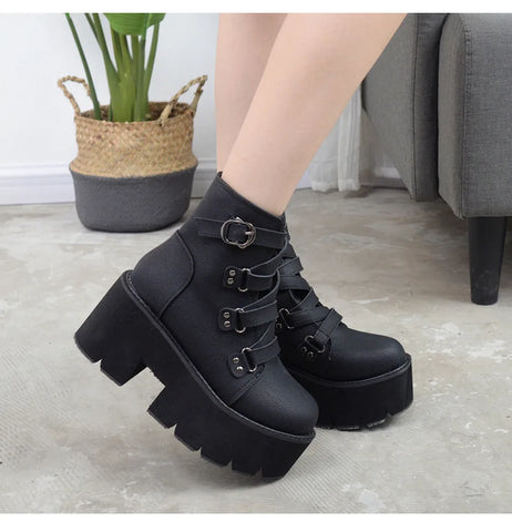 Buy Custom Logo Gothic Punk Style Chunky Heel Boots Women Shoes Big Size Black Wedges Ankle Boots For Ladies online at Fashionner.