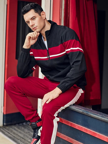 Buy Custom Logo Men Zipper 2 Piece Set Tracksuit Athleisure Men Color Block Zip Up Men Workout Tracksuit High Quality online at Fashionner.
