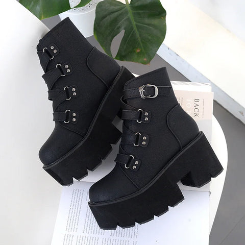 Buy Custom Logo Gothic Punk Style Chunky Heel Boots Women Shoes Big Size Black Wedges Ankle Boots For Ladies online at Fashionner.