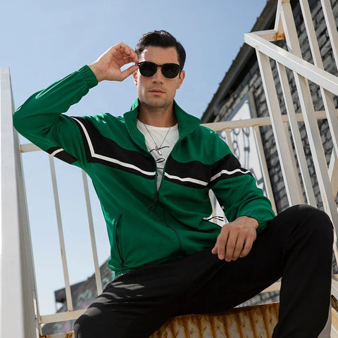 Buy Custom Logo Men Zipper 2 Piece Set Tracksuit Athleisure Men Color Block Zip Up Men Workout Tracksuit High Quality online at Fashionner.