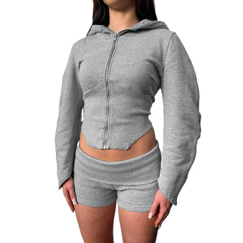 Buy Fall Autumn New Arrivals Woman Ladies Casual Streetwear Clothing Gray Zip Up Short Hoodie Jacket With Hoodie For Women online at Fashionner.