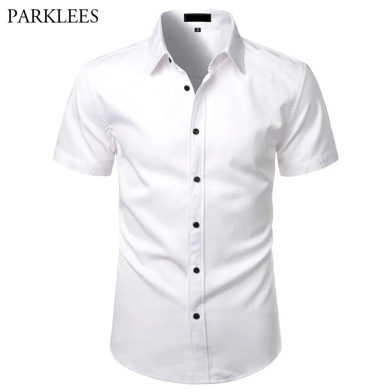 White Mens Bamboo Fiber Dress Shirts Short Sleeve Casual Button Down Shirt Men Non Iron  Easy Care Elastic Business Shirt Male - Fashionner