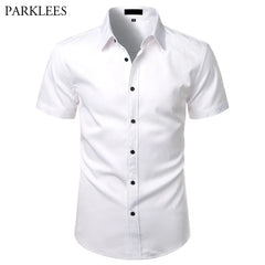 White Mens Bamboo Fiber Dress Shirts Short Sleeve Casual Button Down Shirt Men Non Iron  Easy Care Elastic Business Shirt Male - Fashionner