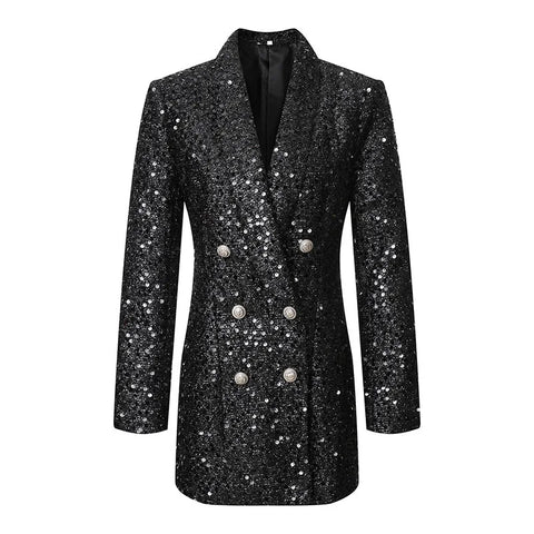 Buy High Quality Fashion Designer Blazer Women Double Buttons Shawl Collar Glitter Sequined Long Runway Black Blazers online at Fashionner.