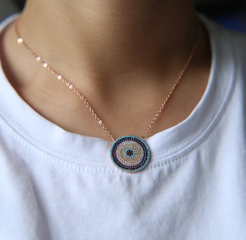 Buy New Fashion Luxury Ladies Women Jewelry Pave Cz Round Evil Eye Pendant Necklace online at Fashionner.