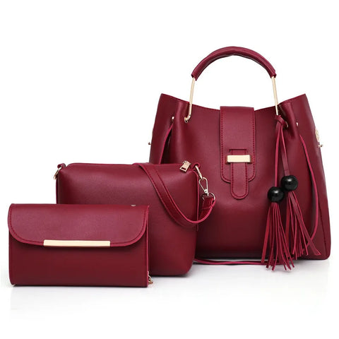Buy Hot Sell Casual Multi Function Burgundy Women Tote Shoulder Bag Leather Hand Bags Ladies Purses Handbags Set online at Fashionner.