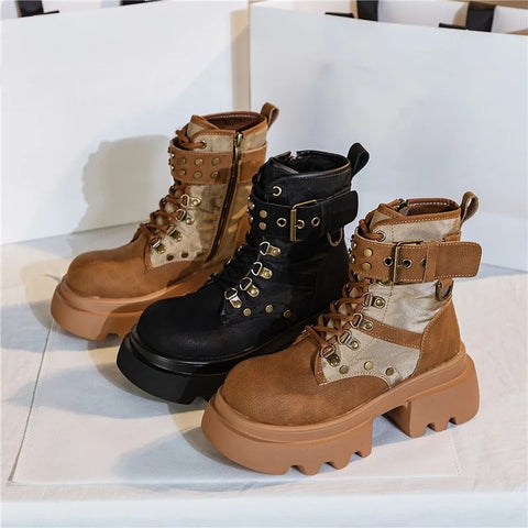 Buy Custom Logo Genuine Leather Platform Boots Women Shoes Ladies Ankle Bootie Motorcycle Boots online at Fashionner.