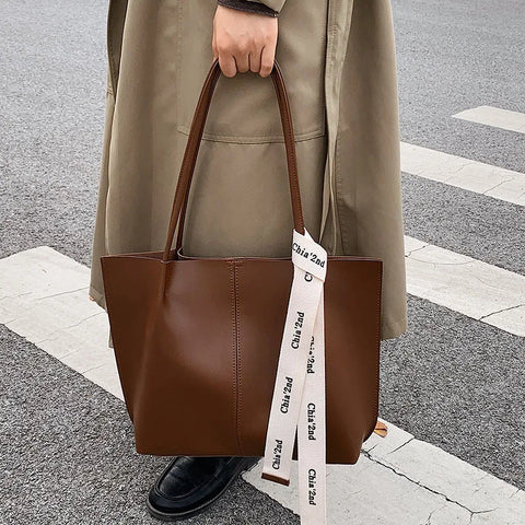 Buy Wholesale Pu Leather Tote Bag Women Vintage Handbag Lady Big Khaki Bag With Ribbon online at Fashionner.