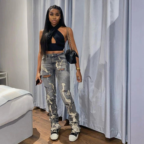 Buy Spring Print Hole High Waist Streetwear Pencil Denim Pant Casual Fashion Women Jeans Plus Size Women'S Pants online at Fashionner.