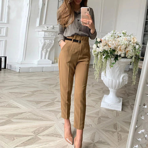 Buy Women High Waist Stretchable Spring Autumn Female Casual Belt Patchwork Long Trousers Work Wear Lady Office Pant online at Fashionner.