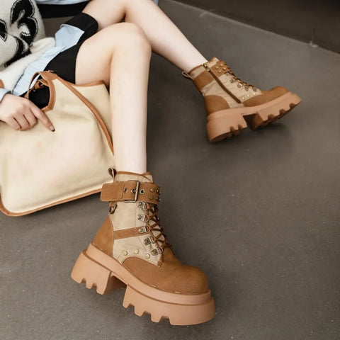 Buy Custom Logo Genuine Leather Platform Boots Women Shoes Ladies Ankle Bootie Motorcycle Boots online at Fashionner.
