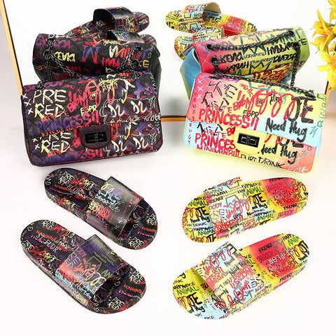 Buy Purse And Shoe Sets New Graffiti Shoes Matching Sandals Slides Women Bags And Slippers Purses And Handbags online at Fashionner.