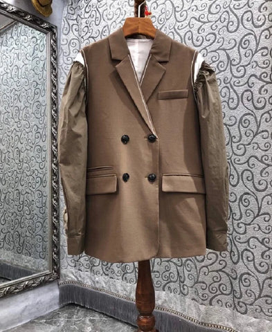 Buy Newest Fashion Blazers Autumn Winter Outerwear Coat Women Notched Collar Color Block Patchwork Double Breasted Khaki Blazer online at Fashionner.
