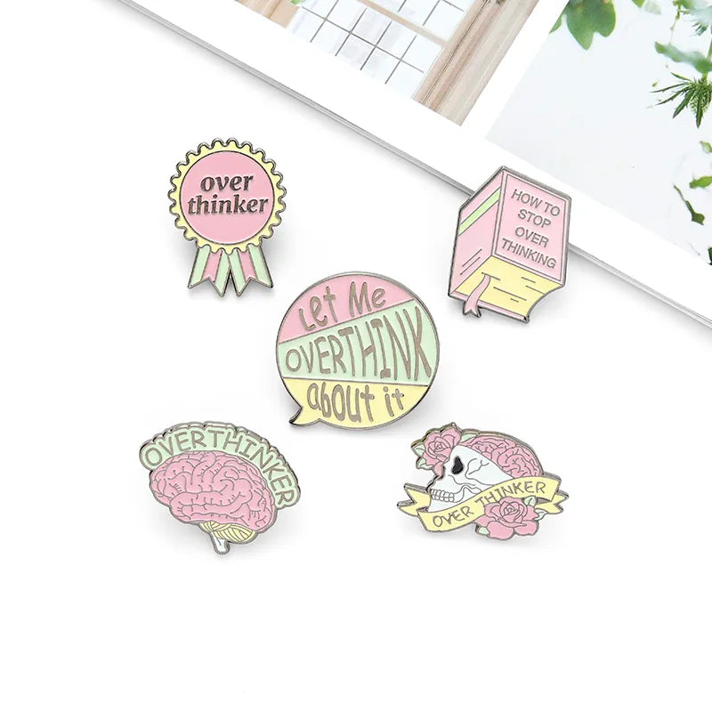 Gifts Overthinker Enamel Pin Custom Overthinking Award Brain Skull Book Brooches Bag Lapel Pin Cartoon Badge Jewelry Gift for Friends - Fashionner