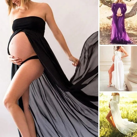 Pregnant Woman Photo Dress Solid Color Tube Top Stitching Front Slit Long Dress Pregnant Woman Jumpsuit Mopping Floor Long Dress - Fashionner
