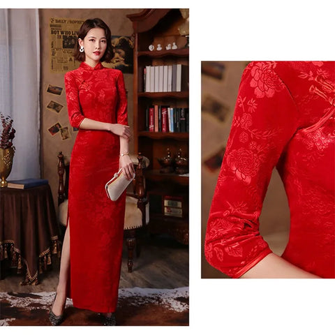 Traditional Red 3/4 Sleeve Long Cheongsam Velvet Slim Mother Dress Elegant Traditional Evening Dresses Qipao - Fashionner