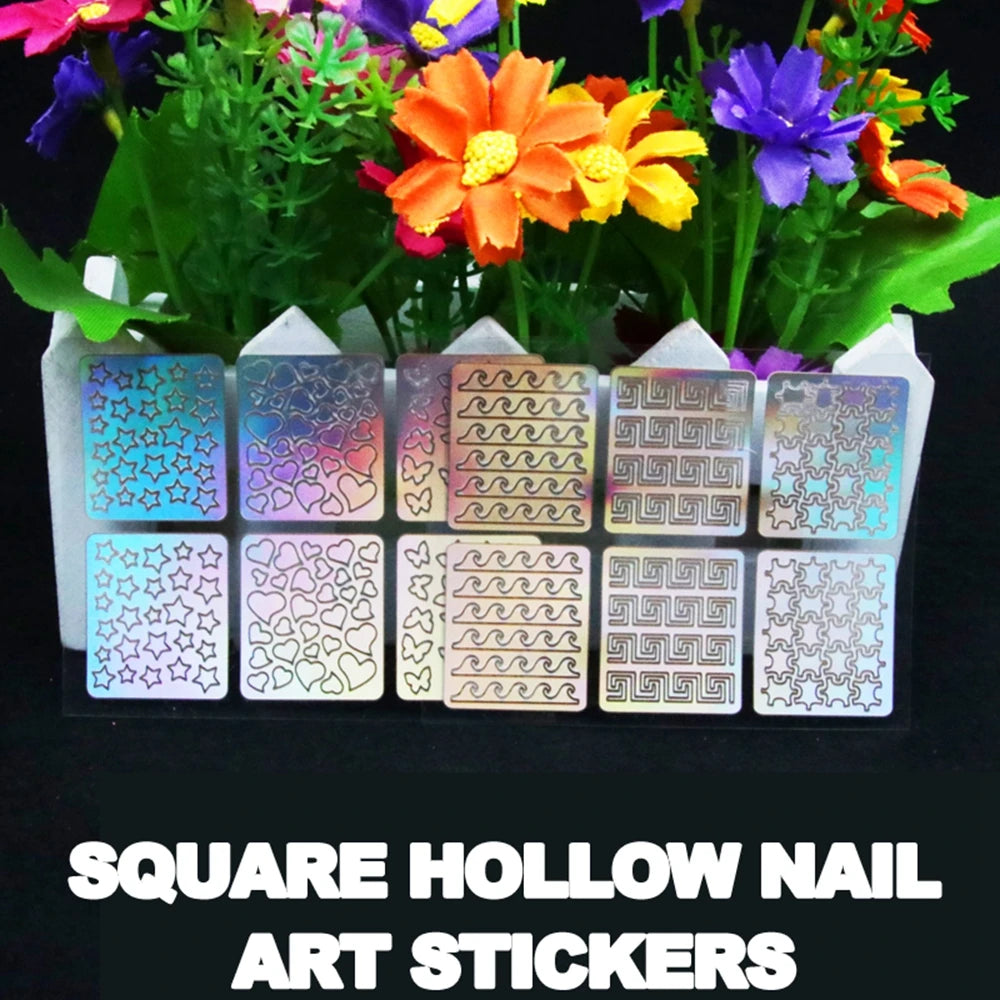 24 Sheets/set Irregular Grid Printed Square sticker Nail Art Hollow Laser Sticker Fashion Women Nail Art Stencil Manicure Tools - Fashionner