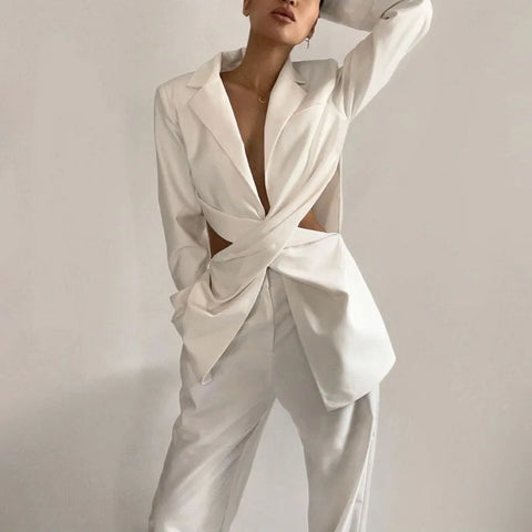 Buy Lvcong High Quality Wholesale Solid Color Spring Women Deep V-Neck Suit Office Streetwear Sexy Hollow Out Coat And Jacket online at Fashionner.