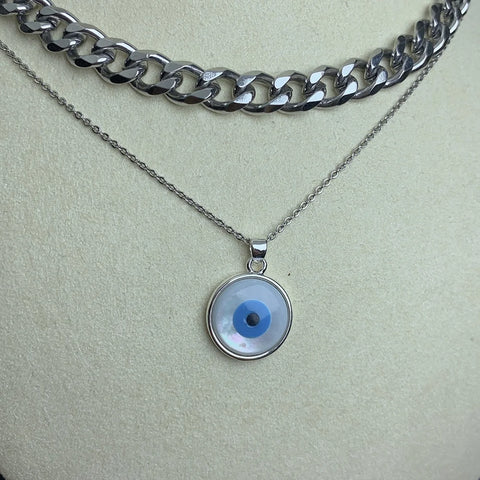 Buy New Classic Round Blue Evil Eye Pendant Necklace For Women Double Layer Stainless Steel Choker Women'S Jewelry online at Fashionner.