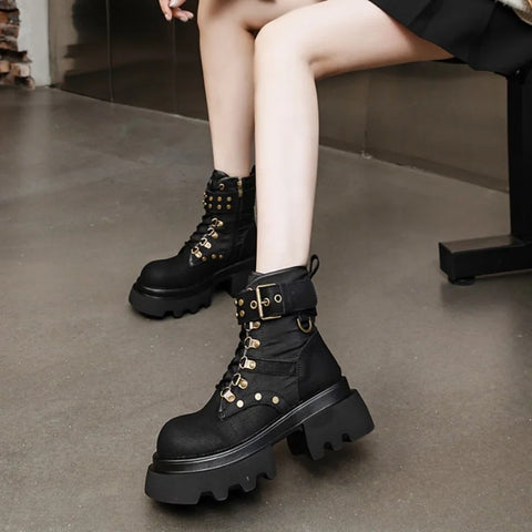 Buy Custom Logo Genuine Leather Platform Boots Women Shoes Ladies Ankle Bootie Motorcycle Boots online at Fashionner.