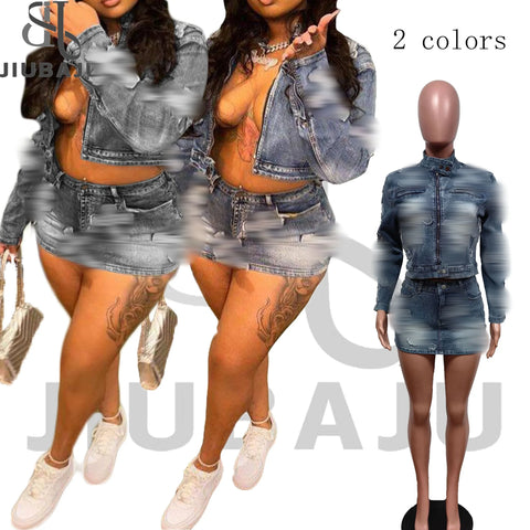 Buy Wholesale Blue Zipper Jacket Mini Skirt Cotton Denim Set Embroidery Women Streetwear Jean Skirts Set online at Fashionner.