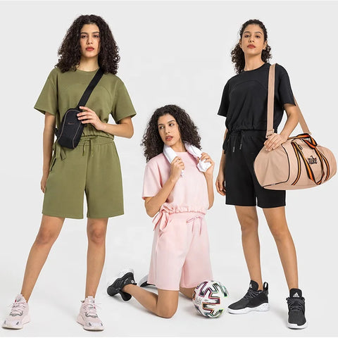 Buy Women Jogger 2 Pieces Shorts Set Summer Short Sleeve Casual Clothing Athleisure Sportswear With Drawstring online at Fashionner.
