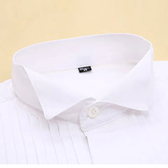 Wing Tip Collar Tuxedo Shirt Long Sleeve Men's French Cuff Button Wedding Dress Shirts Wingtip White Black Pleat with Bowtie - Fashionner
