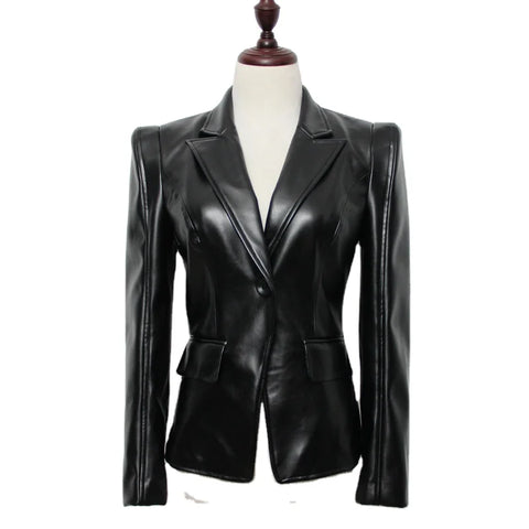 Buy New Arrivals Fashion Pu Leather Women Blazer Single Button Slim Ladies Blazer Office Ladies Jacket online at Fashionner.