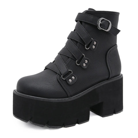 Buy Custom Logo Gothic Punk Style Chunky Heel Boots Women Shoes Big Size Black Wedges Ankle Boots For Ladies online at Fashionner.