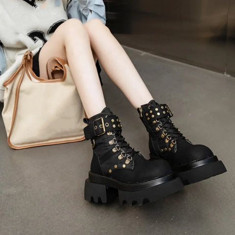 Buy Custom Logo Genuine Leather Platform Boots Women Shoes Ladies Ankle Bootie Motorcycle Boots online at Fashionner.