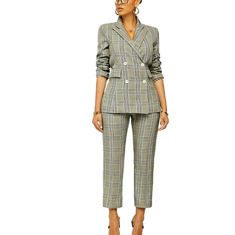 Buy High Quality Plaid Fabric Women'S Suits Slim Fit Blazer And Pants 2 Piece Office Formal Wear Casual Career Sets online at Fashionner.