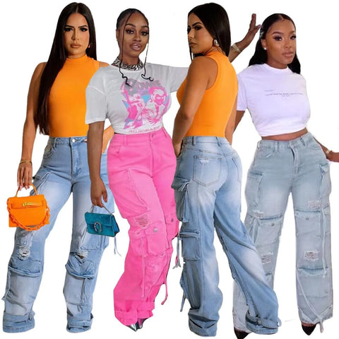 Buy New Design Fall Spring Distressed Baggy Jeans Women Vintage Light Blue Pink Ripped Multi-Pocket Jeans Pants online at Fashionner.