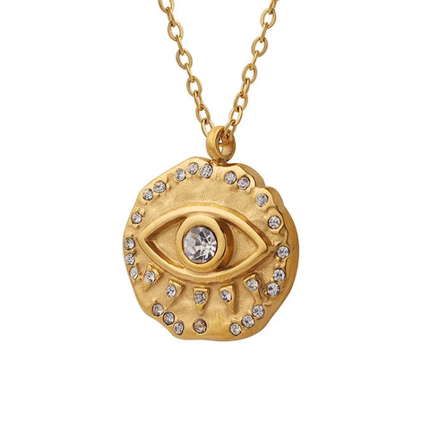 Buy New Stainless Steel 18K Gold Temperament Hip-Hop Evil Eye Inlaid Zircon Irregular Round Pendant Necklace online at Fashionner.