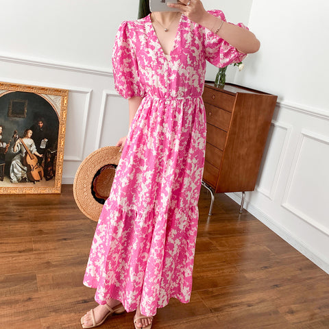 Spring And Summer New Layered Long Dress Printed Puff Sleeve Rose Red - Fashionner