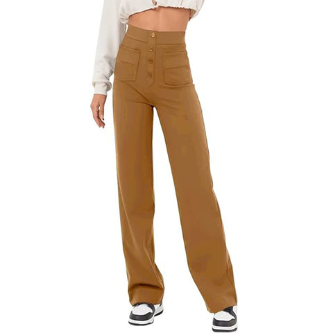 Women's Clothing High Waist Pocket Wide Leg Button Casual Loose Straight Trousers - Fashionner
