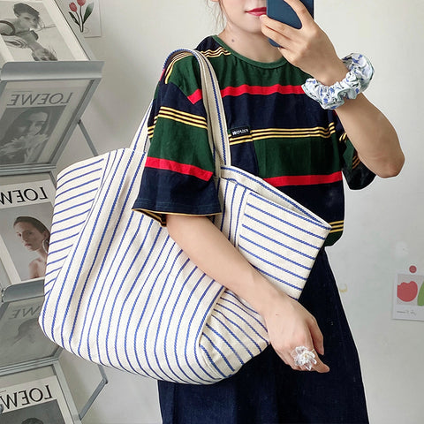 Sac en toile pour femme, sac à bandoulière, grande capacité, style décontracté, rayé, à la mode
