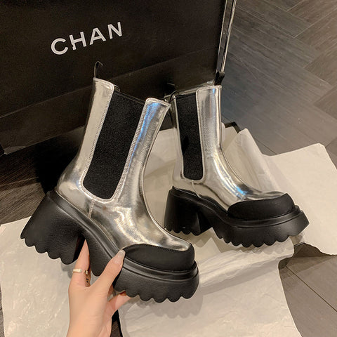 Autumn And Winter Cowhide Silver Platform Martin Boots High Heels Fleece-lined Waterproof Platform Thick Heel Stretch Women - Fashionner