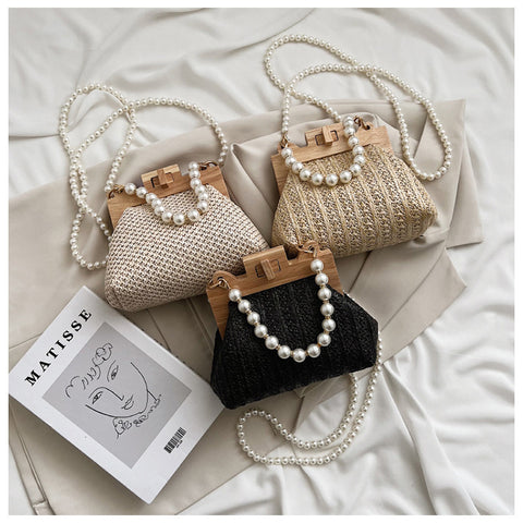 Sac à bandoulière tressé en paille avec perles pour femme