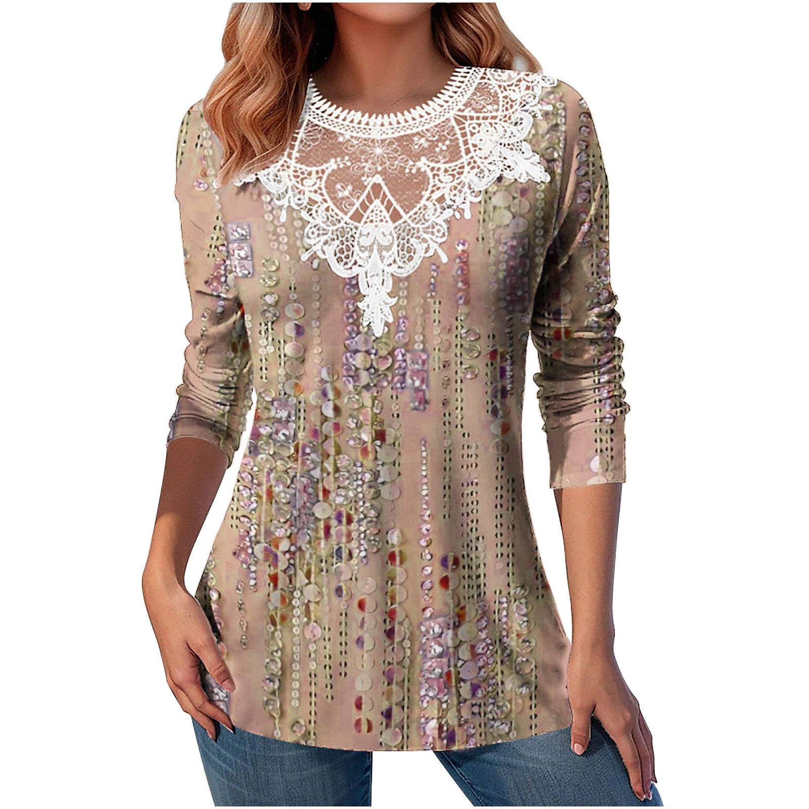Lace Patchwork Round Neck Top Fashion Casual Printing Loose Long Sleeve Top Women - Fashionner